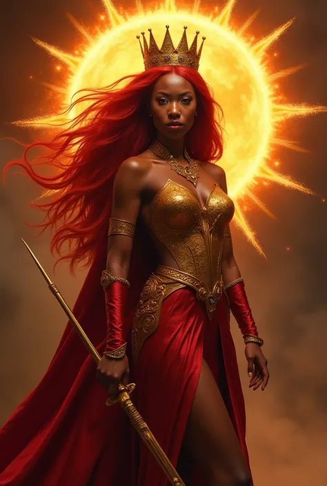 Supervillain evil more more powerful magical power girl sun goddess queen African American woman long long red hair long more more powerful magical sun goddess queen long more more powerful magical sun goddess crown long more more powerful magical sun godd...