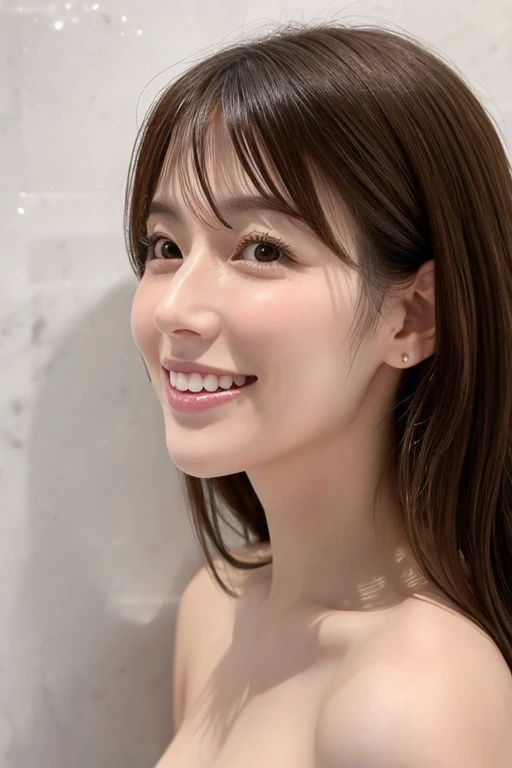  mature girlfriend 、 facing the front、 close-up face 、 clear 、virgin、28 years old、 wavy shoulder length hair 、Double teeth、 bright 、 Japanese 、Completely naked、 realistic feel