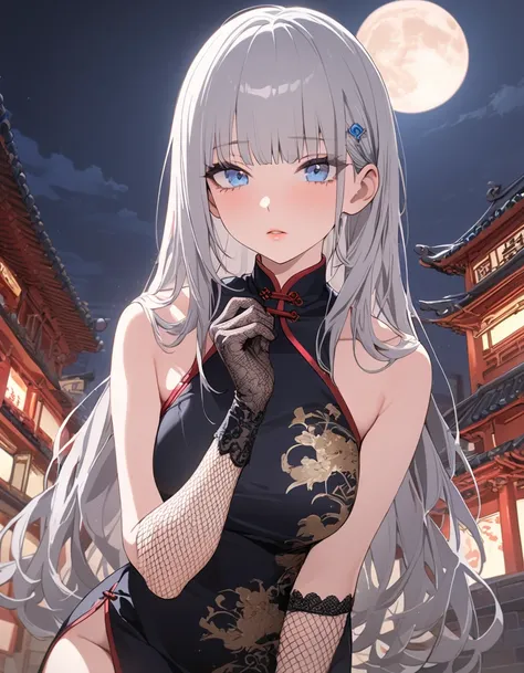 masterpiece, top, night, Full moon,  1 adult female , Chinese architecture, Cheongsam,  Wash the China costume  , Royal Sister, cold face, Poker Face,  long silver-haired woman ,  light pink lips, Fishnet Stocking , tranquil, intellectuals , Three bangs , ...