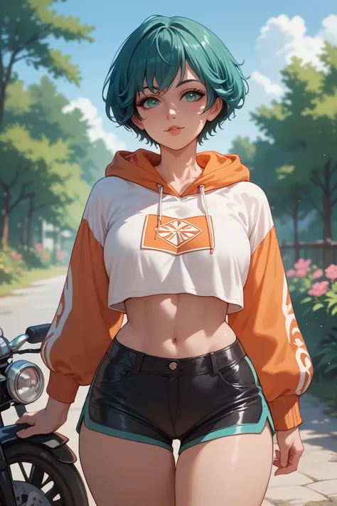 A hot and beautiful young girl with short teal hair, wearing a cropped hoodie and biker shorts, front view