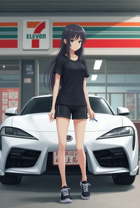 Masterpiece of The image shows a young Japanese woman standing next to a white sports car in a parking garage. She is wearing a black t-shirt, black shorts, and black sneakers. She has long dark hair and is looking off to the side with a serious expression...