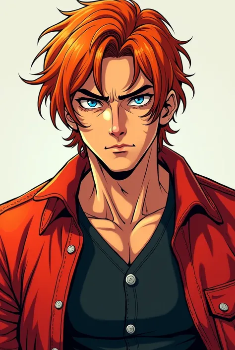 comic: Red-haired man (orange) 20 years old with medium length disheveled hair,  with blue eyes ,  ripped man with slight dark circles ,  dressed in a red jacket and a black shirt with white buttons 