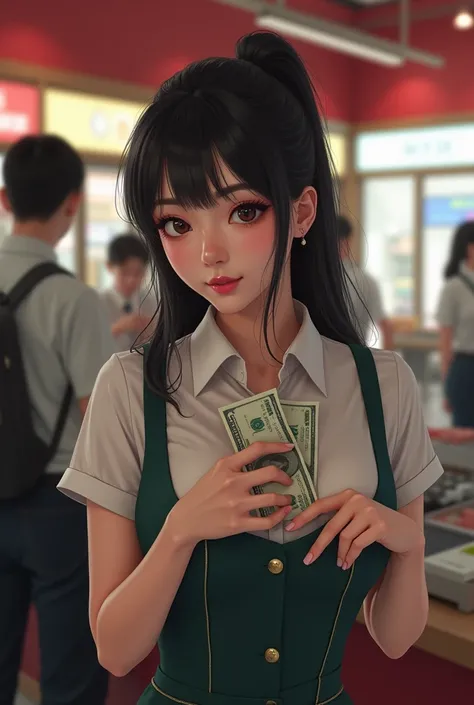 Hot Korean woman who is a cashier stuffing money inside another customers shirt pocket 