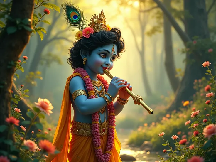 A divine depiction of Lord Krishna standing gracefully in the lush Vrindavan forest. His complexion is a radiant, deep blue like a monsoon cloud, and he is adorned with a peacock feather in his crown. Krishna wears golden silk garments and a fragrant garla...