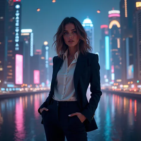 Generate a futuristic city illuminated by neon lights and holograms, featuring towering skyscrapers and flying vehicles. In the foreground, a 35-year-old woman, elegant and playful, wearing a modern suit with a casual touch, looks directly at the viewer wi...