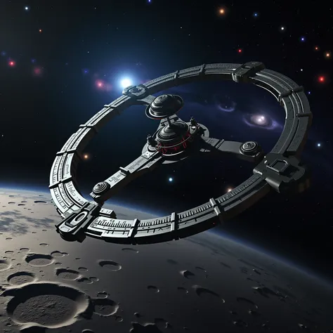 A futuristic space station floating near the surface of a cratered moon or asteroid, surrounded by a vast galaxy filled with vibrant stars and colorful nebulae. The space station has a circular, ring-like structure with detailed metallic textures and intri...