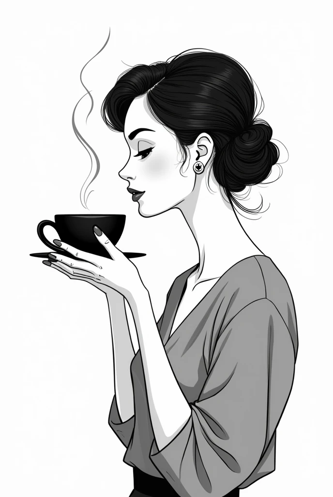 A girl stylized illustration black and white with coffee