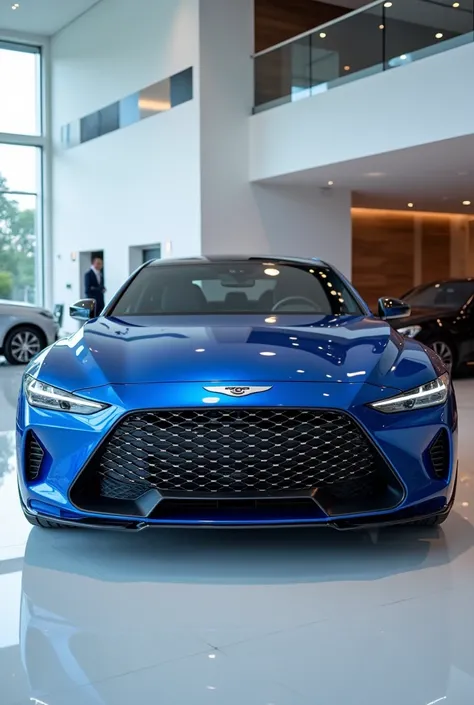 "A futuristic 2025 Genesis g60 in a vibrant metallic Capri blue color, captured from the left view in a modern showroom. The car features an aggressive left grille, sharp LED headlights, and polished chrome accents, emphasizing its bold and sporty design. ...