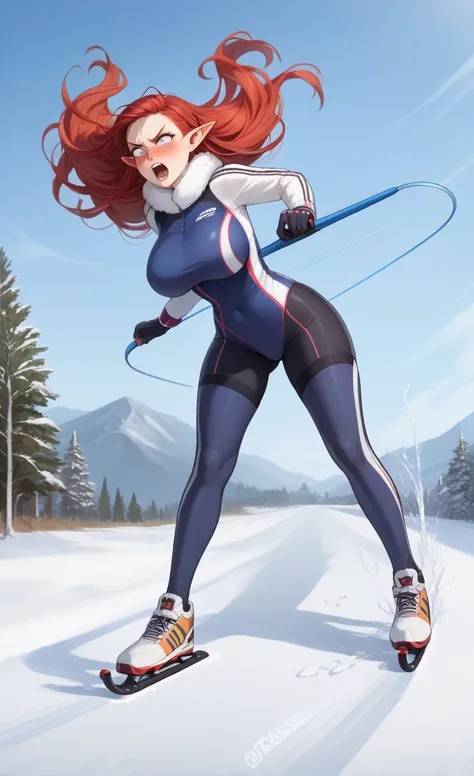  a girl, alone,   High resolution,   The best quality  , HD Model,   Precise,   Anatomically correct ,  Ultra high definition ,    skiing  ,   HIGH QUALITY,   long hair,   big breasts, , to throw,  larga, tsundere,   open the mouth, blush, ashamed, Long po...