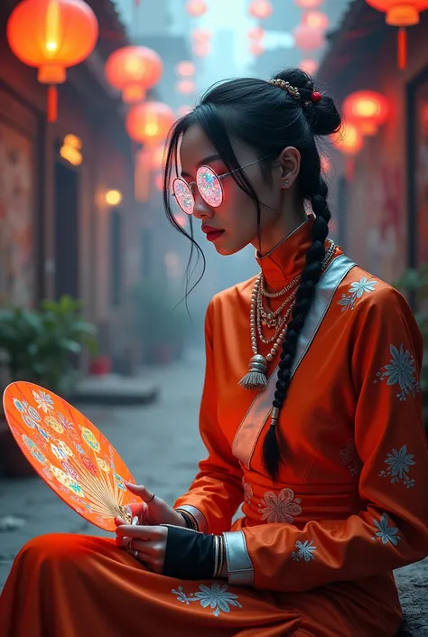 A creative cyberpunk stunning sexy woman, combining the traditional aesthetics of East Asian artists with futuristic innovation, sits in a neon and morning sunlit alleyway at dawn one morning and paints holographic paintings on a luminous canvas. Her cyber...