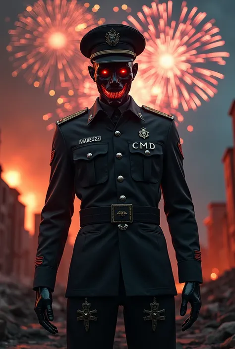  Man wearing a macabre black mask with a bright red mouth and eyes,  dressed as a general wearing two briefs one with the acronym MARÉOZZ and the other with the acronym R4, wearing a generals hat with the acronym CMD in the center of the hat ,  RUINED BACK...