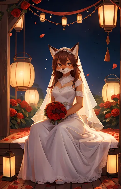  Create an anime-style image of an anthropomorphic fox .  The character must wear a wedding dress with a veil and decorations.  The fox should sit against the background of greenery and rose petals , with lanterns in the background ,  creating a romantic a...