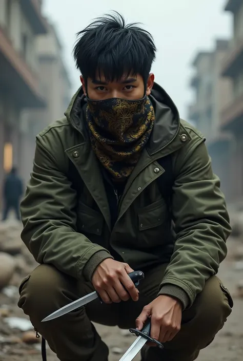  Asian male
Curvy black hair with half face covered in gold embroidered fabric
Military parka jacket and dark brown tactical pants
He was holding a throwing knife in both hands
 Pose :  slightly ducked and looked ahead ,  camera angle is a bit sideways
Bac...