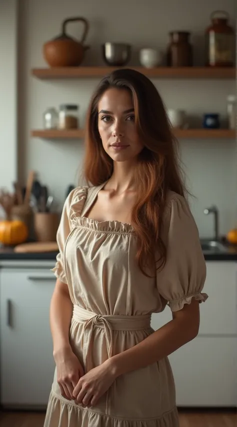 , A Mexicanwoman,30 YEARS , beautiful , cabello largo castaño  al hombro,, dressed as a housewife  , long dress y delantal ,In modern the kitchen , hiperrealistic 