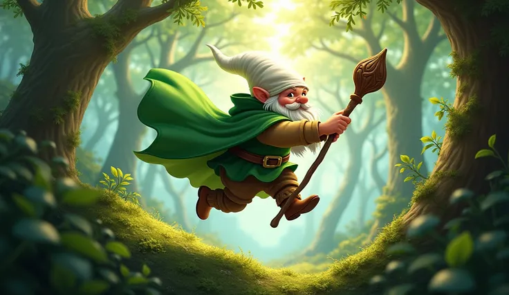 A dwarf in a green cloak and a white cone hat and flying through the forest with a stick