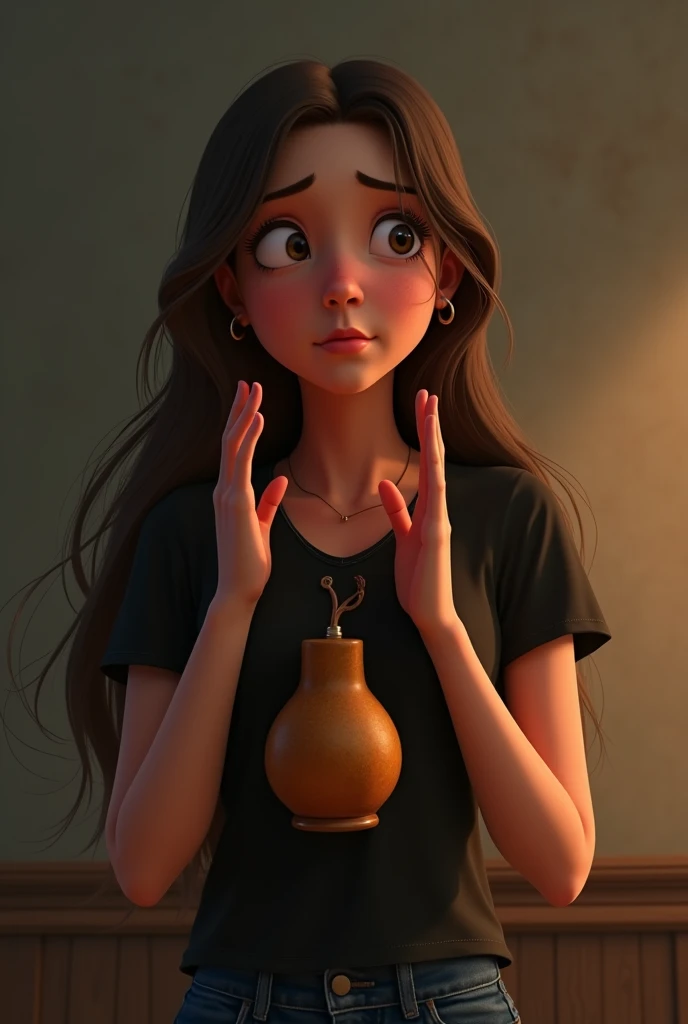  Make the Pixar-style image of a woman,  with long brown hair ,  wear a black shirt from Argentina , Drinking mate drink,  raising my hands, depression I dont know .