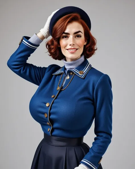 photorealistic full-body shot featuring a beautiful british woman wearing a blue classic Coco Chanel skirt and matching jacket. Pillbox hat. White gloves. 1950s Haute Couture. Buxom figure. Perfect hand. Hand behind her head. Shes got reddish-brown hair, h...