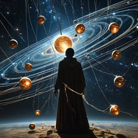 A shadowy figure manipulating glowing strings attached to floating orbs, representing planets in a vast cosmic expanse.