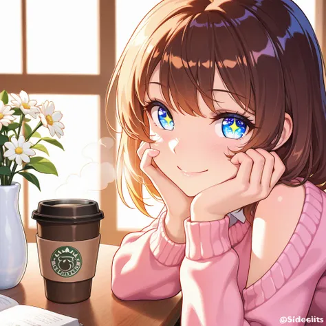 (masterpiece, sidelights, sparkling gentle eyes, captivating smile), (character focus, face focus, portrait, masterpiece, highly detailed, vibrant colors,dynamic composition, soft lighting, warm tones, cozy atmosphere) A whimsical anime-style girl sitting ...