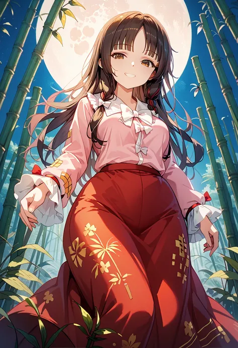 1girl, solo, Kaguya Houraisan, Touhou Project, smile, black hair, long hair, (large boobs), (curvy figure), low POV, light blush, brown eyes, long sleeves, burgundy skirt, long skirt, (gold plant design stitching on skirt), pink shirt, white bows on shirt,...