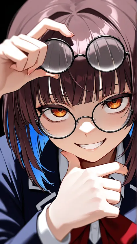 a girl,medium hair,round eyewear,bespectacled,Pinch glasses,school uniform,right hand on eyewear, upturned eyes,grin,blunt ends,bad girl,tilt your chin down,facing viewer,upturned eyes,Vtuber,criminal girl,colored inner hair