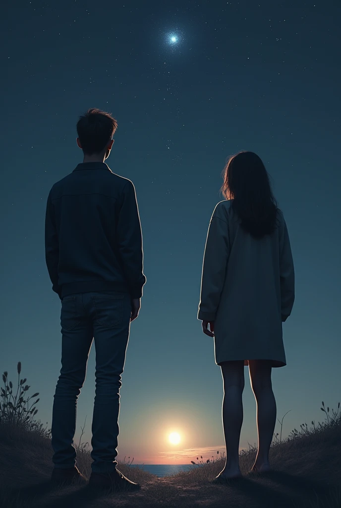 A person showing only its back, with their heads looking to the side, staring at a star on the ground with a gap between them. The picture is shown the persons full body. The person on the right and the star on the left.