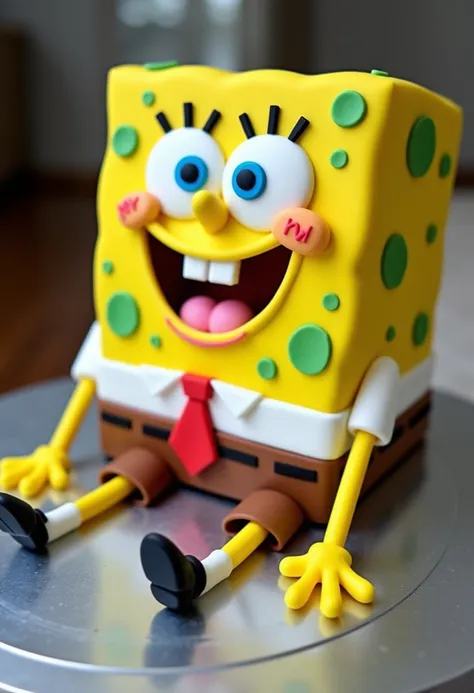 "A professionally made cake in the shape of SpongeBob SquarePants, featuring vibrant yellow fondant for the sponge body with green spots, large cartoonish eyes, a wide smile, and his signature white shirt with a red tie and brown square pants. The arms are...