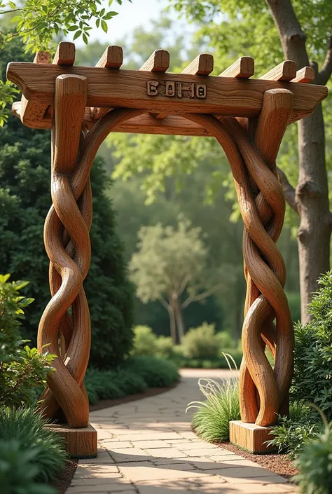 Pergola with dogs carved in wood that are intertwined together to form the structure