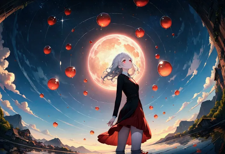 woman(student, ＪＫ, Short silver hair floating, Space-colored eyes, black , Pale skin, Tired face、lack of shine in the eyes) Looking up at the sky, Many cute little goldfish with shining red scales are swimming in the air, Transparent bubbles, like those in...