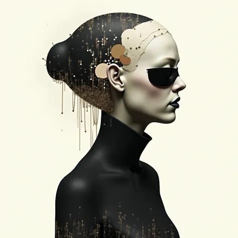 ```
[Profile portrait of an absurd form. Her face is geometric shape and texture, with a single dark eye visible, the red portion a perfect circle. Her neck and shoulders are draped in black, transitioning into abstract patterns of black, white, and beige....