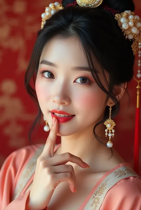 8K,  masterpiece,  best quality, ultra-detallado, korean face, low blush  ,  adult face ,  loose hair, Earrings,  hanfu Chinese hair accessories , Seductively pose ,  a pose of a finger on the lips ,  Chinese royal background , look at camera,  perfect hum...