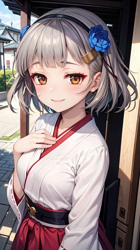 (((solo))), 1 woman, Sakuya Kurobane, sakuyaunif, kurobane_sakuya, (brown eyes), short hair, grey hair, black hairband, blue hair flower, red eyeliner, blush, smile, beautiful chest, middle chest, upper body, japanese shrine, japanese miko