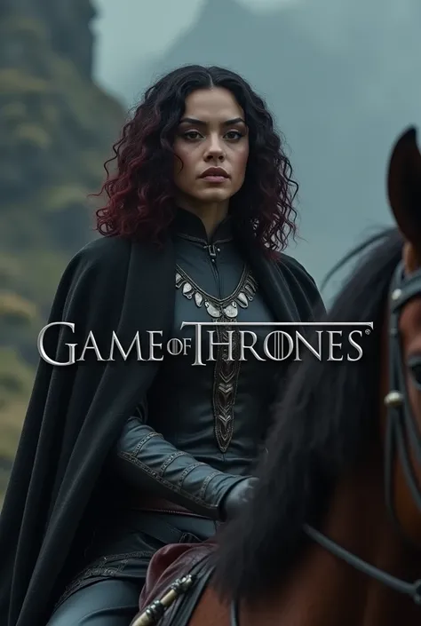 Game of Thrones, Dark complected Female with Shoulder length black and Red curly hair Wide face wearing Game of Thrones clothing on a horse with dark fantasy color and Silver Title that Reads Game of Thrones 