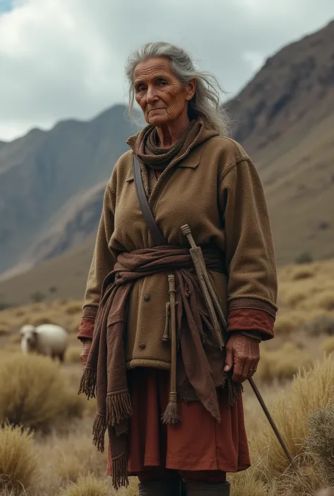  an older adult woman of indigenous origin , Who lives in southern Chile ,  wears clothes made of sheeps wool, leather boots and hard lines on her face