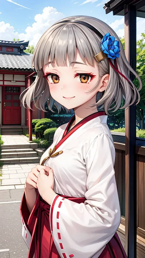 (((solo))), 1 woman, Sakuya Kurobane, sakuyaunif, kurobane_sakuya, (brown eyes), short hair, grey hair, black hairband, blue hair flower, red eyeliner, blush, smile, beautiful chest, middle chest, upper body, japanese shrine, japanese miko