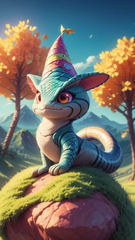 A cute snake wearing a party hat, colorful abstract fantasy landscape, 3D render, (best quality,4k,8k,highres,masterpiece:1.2),ultra-detailed,(realistic,photorealistic,photo-realistic:1.37),HDR,UHD,vivid colors,surreal,whimsical,fantasy art,digital paintin...