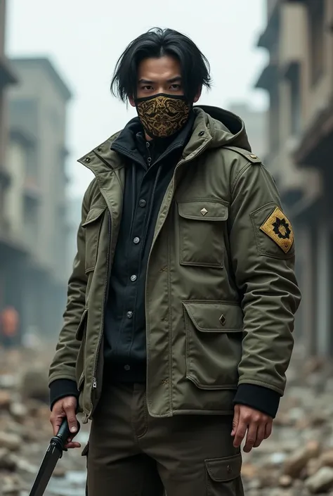  Asian male
Curvy black hair with half face covered in gold embroidered fabric
Military parka jacket and dark brown tactical pants
He was holding a throwing knife in both hands
 Pose :  slightly ducked and looked ahead ,  camera angle is slightly sideways....