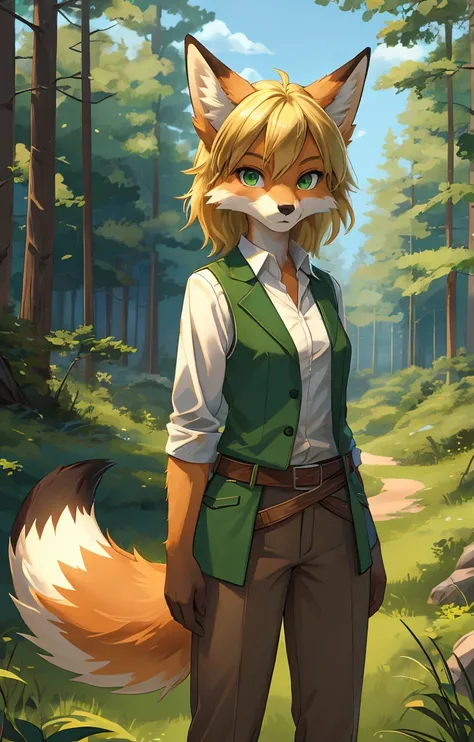  An anthropomorphic character with the features of a female fox ,  blond hair ,  green eyes , dressed in a white shirt,  green vest and brown belts with .  accessories The character is standing against the background of a forest landscape with green trees ...