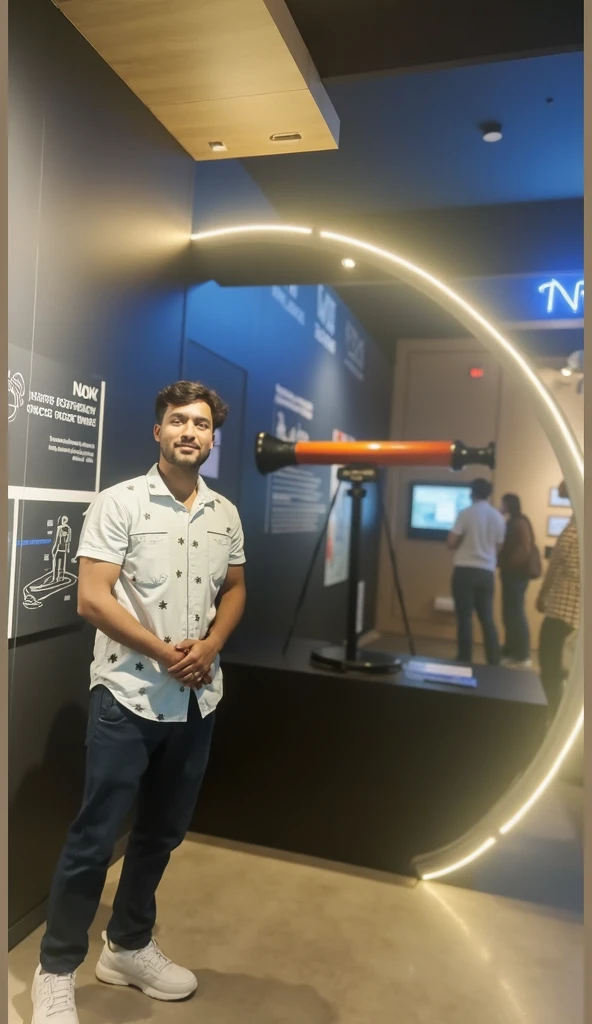 "A futuristic exhibit with a glowing circular frame, blending science and mystery. A young visionary stands confidently, merging the realms of technology and exploration. Behind him, a sleek telescope symbolizes humanity’s quest to uncover cosmic secrets, ...