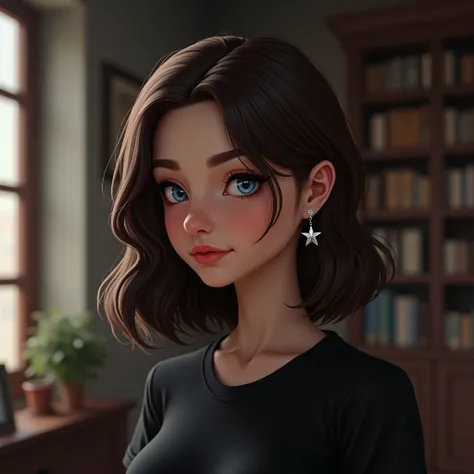  girls ,  Realistic Textures , Shoulder length hair, Chocolate Brown ,  blue eyes,  Side Corner,  Silver Star Earrings,  Bookroom, Virtual reality,  Character Design , black shirt