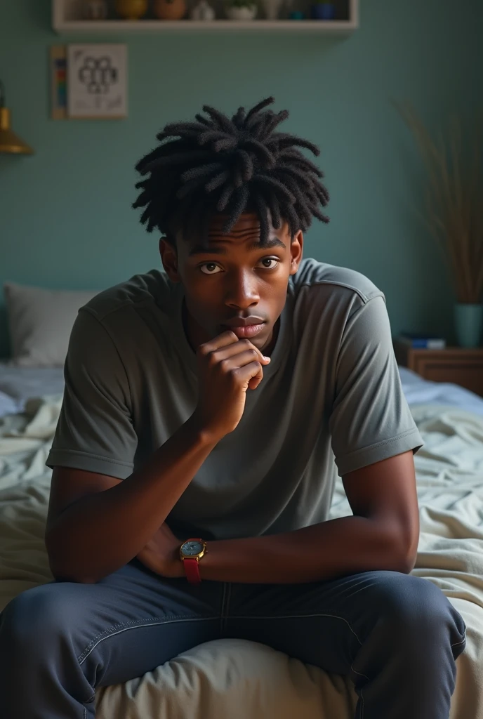 Generate a picture of a young black man sitting on his bed, looking a little confused and not motivated 