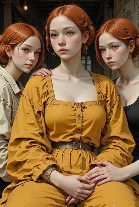 three women with red hair and turbans are posing for a picture, a renaissance painting inspired by Ridolfo Ghirlandaio, shutterstock, mannerism, in a high renaissance style, in a renaissance style, triad of muses, pontormo, in renaissance style, renaissanc...