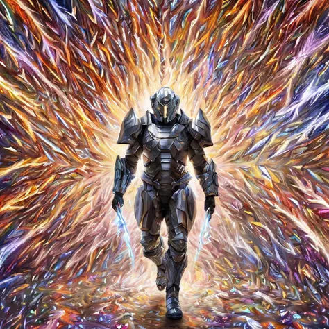 A warrior in futuristic armor walking through a kaleidoscopic storm, where every lightning strike reveals glimpses of alternate realities.