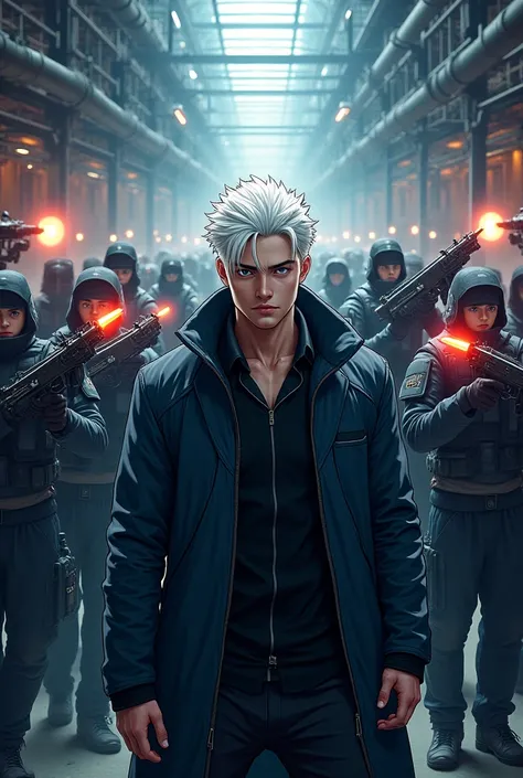 A Powerful Handsome 25 year Men With White Hairs And Grey Eyes, Inspired By Gojo, A Dramatic Scene Of A Workshop, Behind Him 100+ Gangsters Backing Him With Hi-tech Weapon, anime Style