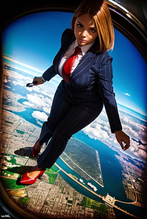 view from outer space of an approaching young giga giantess, Giantess art, 500 miles tall giga giantess, young sophisticated and stylish woman in a light grey italian pinstriped double breasted trouser suit, form fitting crisp office shirt, and a large wid...