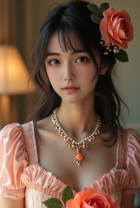 A pretty young woman, lovely, realistic, cheerful, smile, pale white skin, silk smooth black hair, long hair, wearing a princess lolita dress, sweet pastel colors, holding rose flowers, rose on hair, high quality, ultra-detailed, masterpiece, cinematic lig...