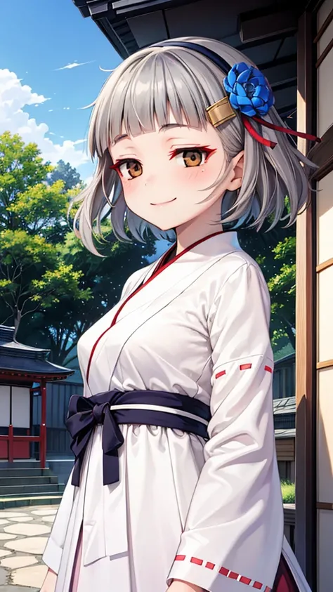 (((solo))), 1 woman, Sakuya Kurobane, sakuyaunif, kurobane_sakuya, (brown eyes), short hair, grey hair, black hairband, blue hair flower, red eyeliner, blush, smile, beautiful chest, middle chest, upper body, japanese shrine, japanese miko