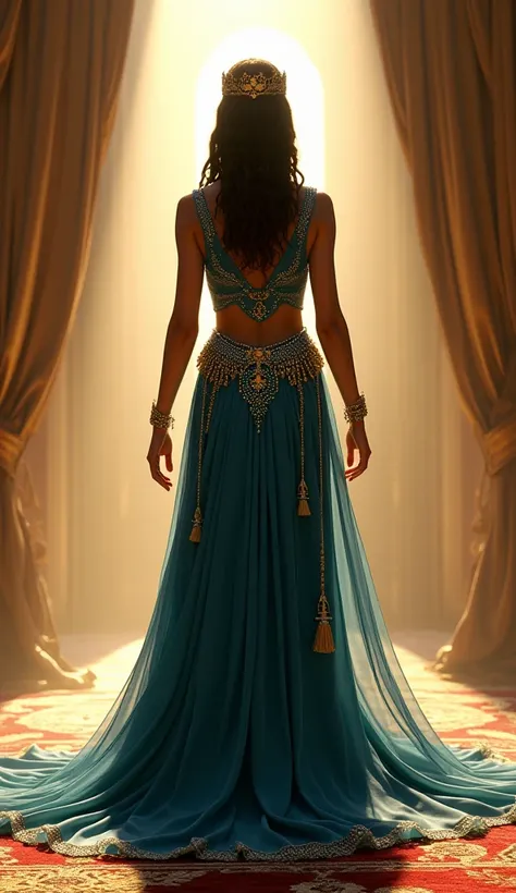 A breathtaking moment capturing Cleopatra emerging from the carpet, her figure illuminated as if by divine light. She wears an elaborate gown of deep azure silk, adorned with sparkling gemstones and golden embroidery that catches the eye. Her hair is style...