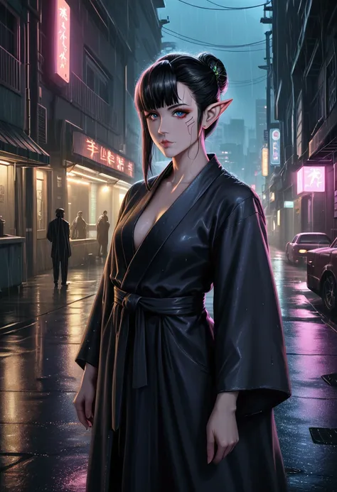 cyberpunk city alley at night,jet Li cyborg robot android elf monk,fancy Kung Fu robe,dark moody atmosphere,neon lights,rain,steam,gritty urban environment,detailed architecture,high-tech futuristic elements,dramatic lighting,cinematic composition,photorea...