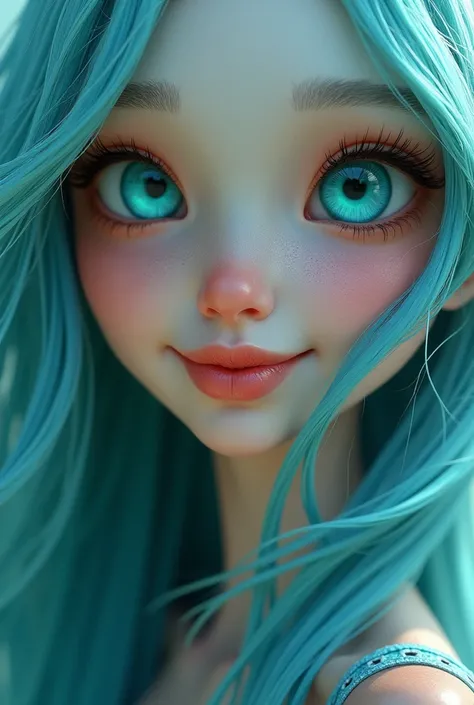 Alien girl with completely turquoise eyes Long hair,  Smile ,  short hair,  high resolution , 